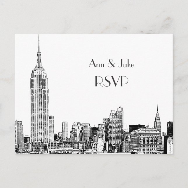 NYC Skyline 01 Etched White RSVP 1 Invitation Postcard (Front)