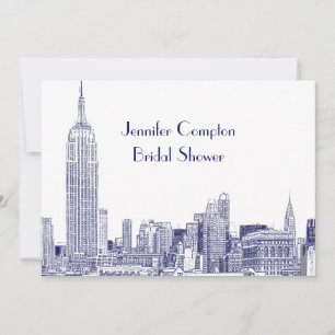 NYC Skyline 01 Etched Wht Bridal Shower Blue Invitation