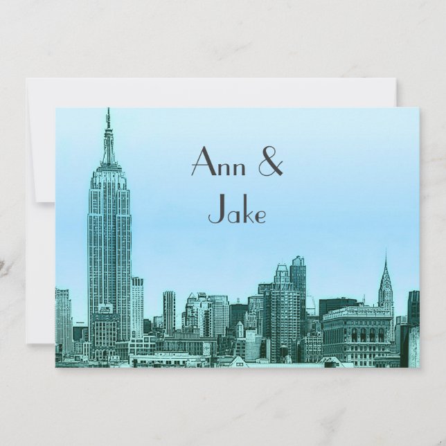NYC Skyline 01 Teal Etched Wedding Invite 2 (Front)