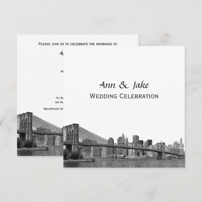 NYC Skyline Bklyn Bridge Etched #2SQ Wedding Invitation (Front/Back)