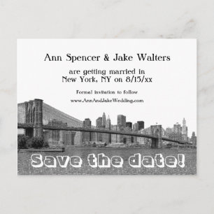 NYC Skyline Bklyn Bridge Etched Save the Date #2 Announcement Postcard