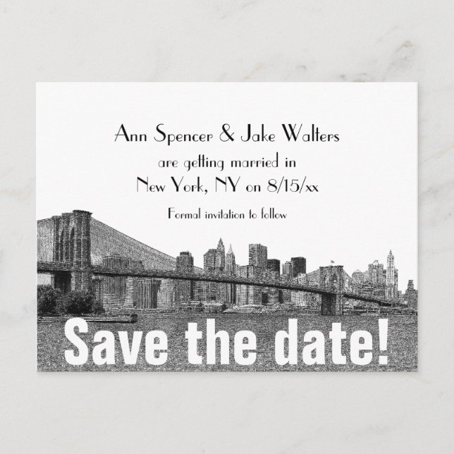 NYC Skyline Bklyn Bridge Etched Save the Date Announcement Postcard (Front)