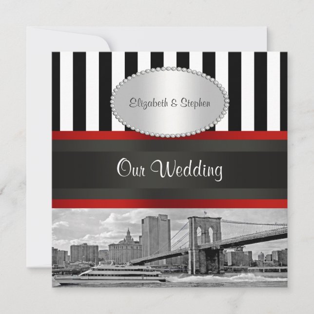 NYC Skyline Brooklyn Bridge Blk White P2 Wedding Invitation (Front)