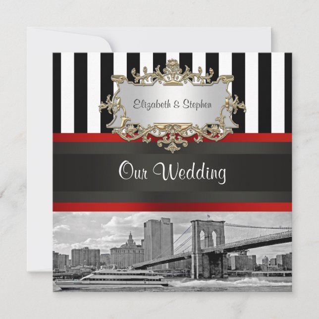 NYC Skyline Brooklyn Bridge Blk White Wedding Invitation (Front)