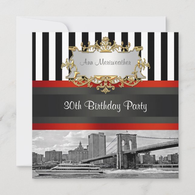 NYC Skyline Brooklyn Bridge, Boat Birthday Invite (Front)