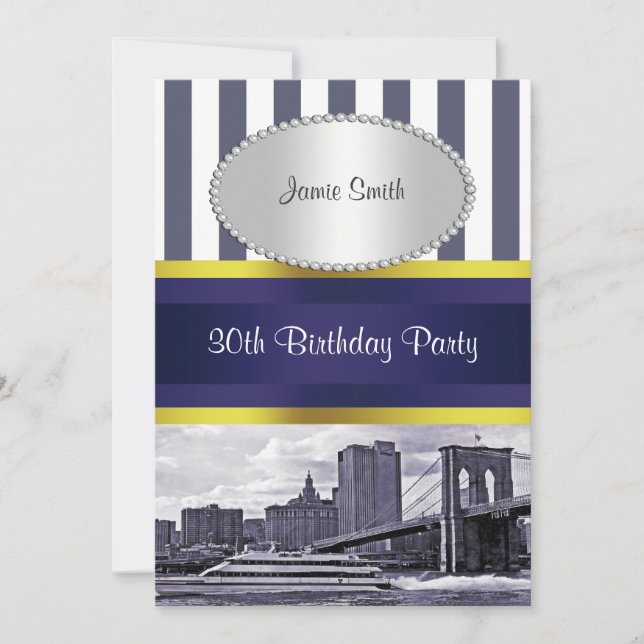 NYC Skyline Brooklyn Bridge Boat Blue Wt2 Birthday Invitation (Front)