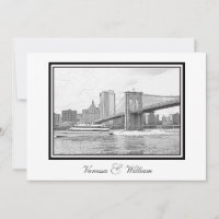 NYC Skyline Brooklyn Bridge Boat BW Etchd Wedding