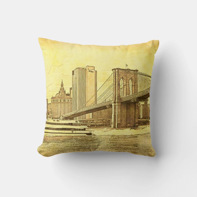 NYC Skyline Brooklyn Bridge Boat Etched Look #1 Throw Pillow (Front)