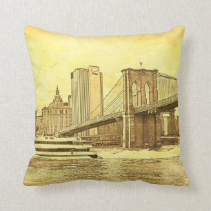 NYC Skyline Brooklyn Bridge Boat Etched Look #1 Throw Pillow