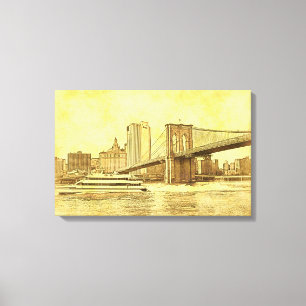 NYC Skyline Brooklyn Bridge Boat Etched Look #1BR Canvas Print