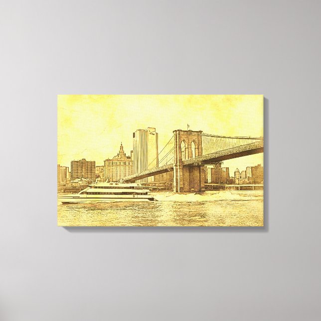 NYC Skyline Brooklyn Bridge Boat Etched Look #1BR Canvas Print (Front)