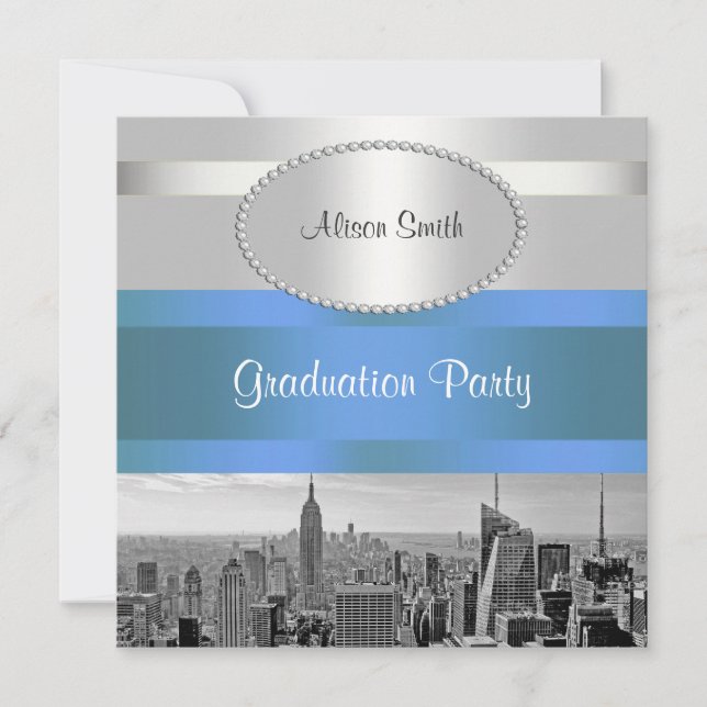 NYC Skyline BW 05 Blanc Bleu 2 Invitation de diplô (Devant)