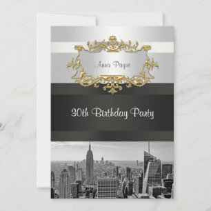 NYC Skyline BW 05 White, Black Birthday Invite
