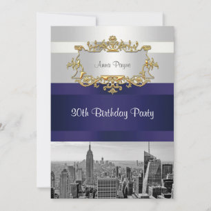 NYC Skyline BW 05 White, Navy Blue Birthday Invite
