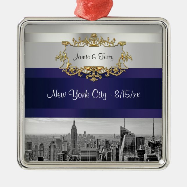 NYC Skyline BW 05 White Navy Blue Invite Suite Metal Ornament (Front)