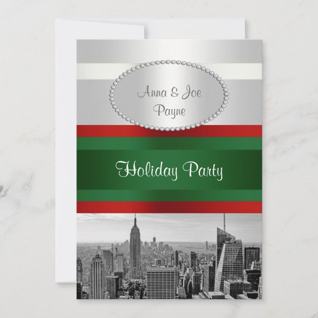 NYC Skyline BW 05 White, Red Green Christmas Invitation (Front)