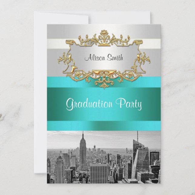 NYC Skyline BW 05 White Teal Graduation Invite (Front)