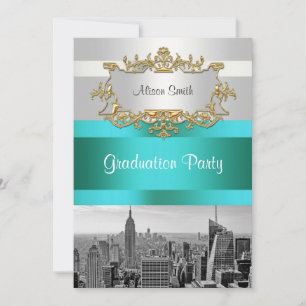 NYC Skyline BW 05 White Teal Graduation Invite