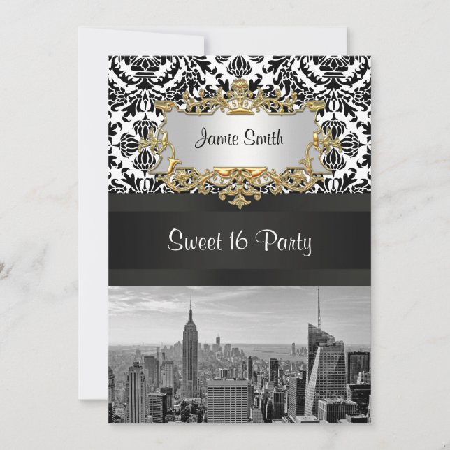 NYC Skyline BW 431 Damask Sweet 16 Party Invite V (Front)