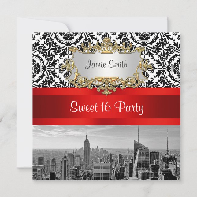 NYC Skyline BW 432 Damask - Sweet 16 Party Invite (Front)