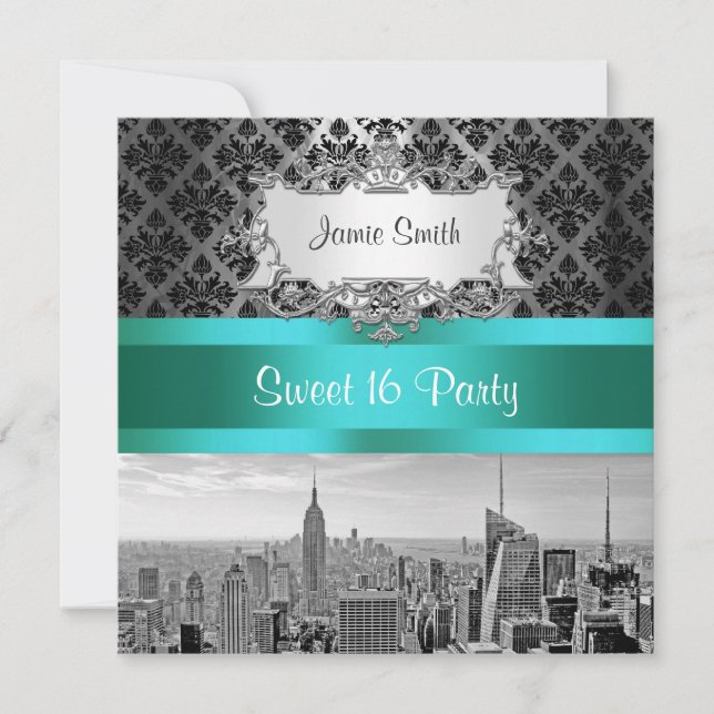 NYC Skyline BW B3 Damask - Sweet 16 Invitation de  (Devant)