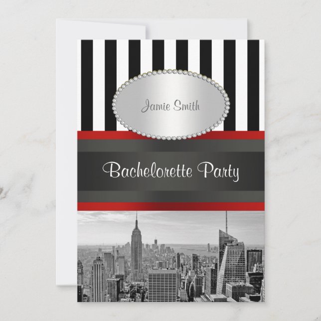 NYC Skyline BW Black White Stripe 2P Bachelorette Invitation (Front)