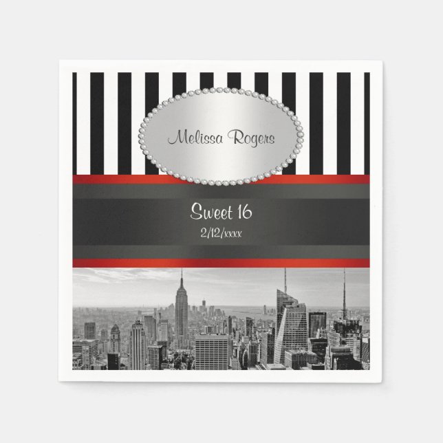 NYC Skyline BW Black White Stripe P Sweet 16 Napkin (Front)