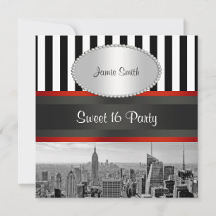NYC Skyline BW Black White Stripe P Sweet 16 Party Invitation