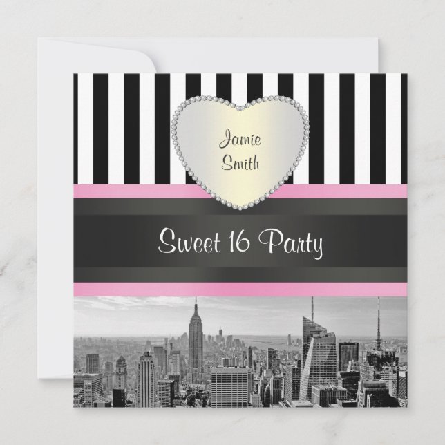 NYC Skyline BW Blk Wht Strp Pink H Sweet 16 Party Invitation (Front)