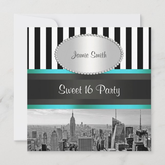 NYC Skyline BW Blk Wht Strp Teal P Sweet 16 Party Invitation (Front)