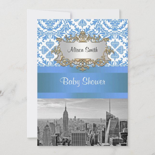NYC Skyline BW D4 Damask Baby shower Invitation V (Devant)