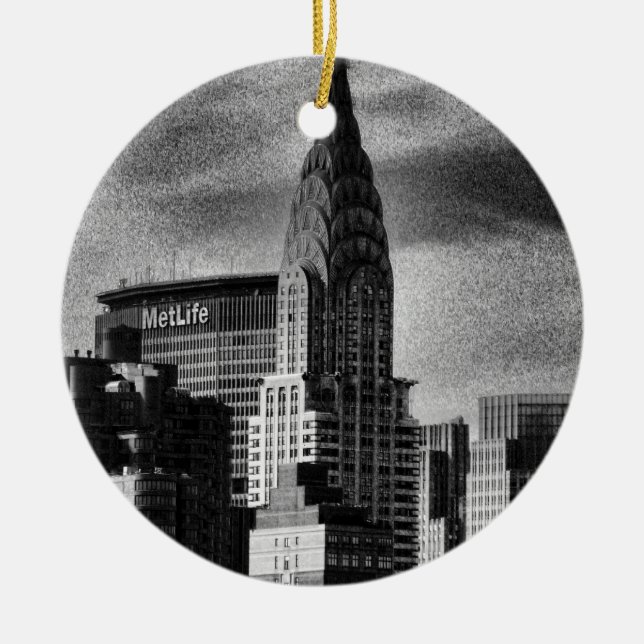 NYC Skyline: Chrysler Building, Met Life BW Ceramic Ornament (Front)