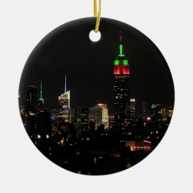 NYC Skyline: Emp St Building Xmas Colours Ceramic Ornament (Front)
