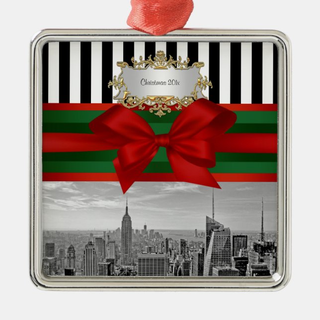 NYC Skyline Empire St Bldg Xmas Blk Wht Strp #2 Metal Ornament (Front)