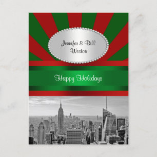 NYC Skyline ESB BW Red Grn Rays Red P Christmas Holiday Postcard