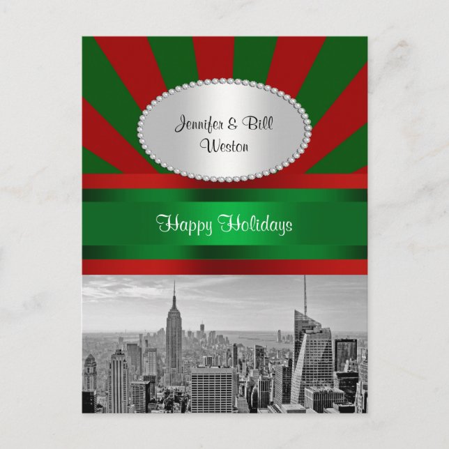 NYC Skyline ESB BW Red Grn Rays Red P Christmas Holiday Postcard (Front)