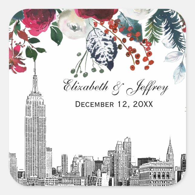 NYC Skyline ESB Etch Burgundy Grn Floral Watercolr Square Sticker (Front)