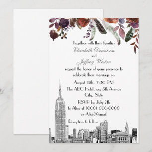 NYC Skyline ESB Etch Burgundy Plum Floral Wedding Invitation