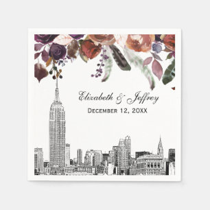 NYC Skyline ESB Etch Burgundy Plum Floral Wedding Napkin