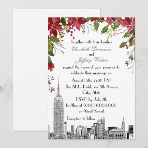 NYC Skyline ESB Etch Holly Poinsettia Wedding Invitation