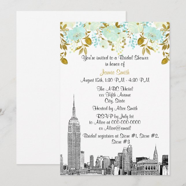 NYC Skyline ESB Etch Mint Gld Floral Bridal Shower Invitation (Front/Back)