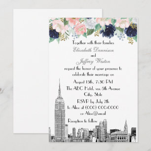 NYC Skyline ESB Etch Pink Wht Blue Gold Floral Invitation