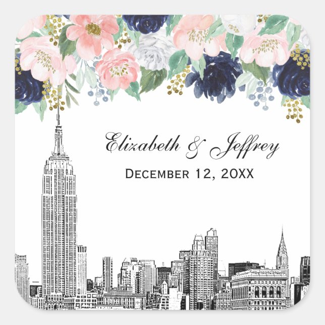 NYC Skyline ESB Etch Pink Wht Blue Gold Floral Square Sticker (Front)