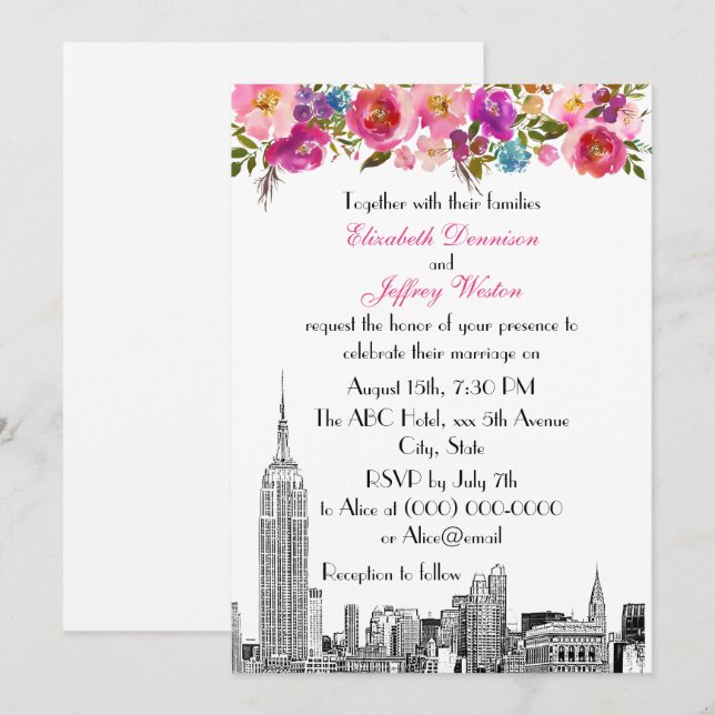 NYC Skyline ESB Etch Spring Pink Floral Wedding Invitation (Front/Back)