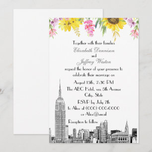 NYC Skyline ESB Etch Sunflower Pink Flower Wedding Invitation