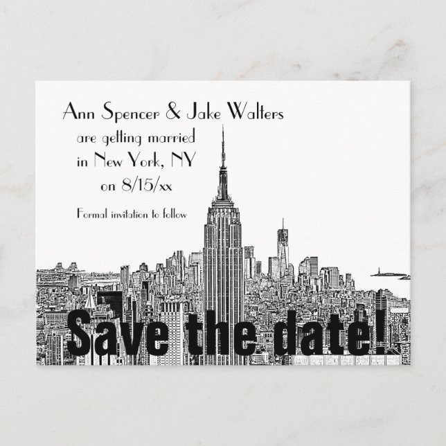 NYC Skyline ESB Top of the Rock Etch Save the Date Announcement Postcard (Front)