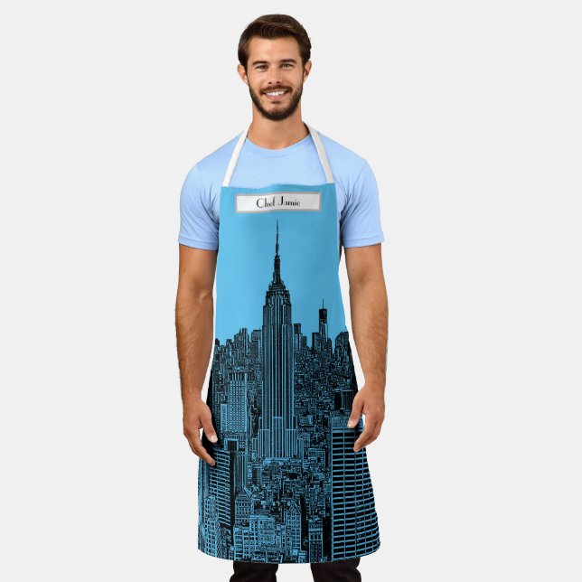NYC Skyline ESB Top of the Rock Etched Blue BG Apron (Worn)