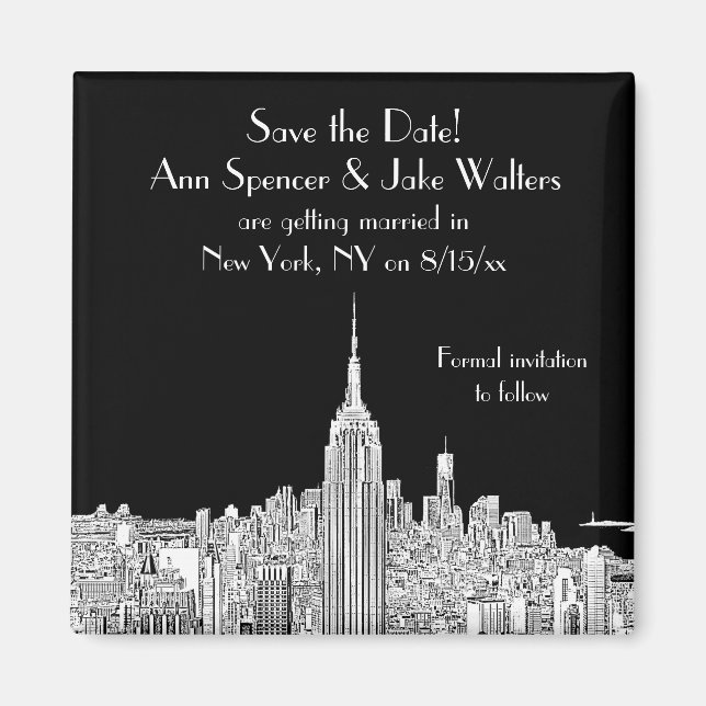 NYC Skyline ESB Top of the Rock Save the Date Blk Magnet (Front)
