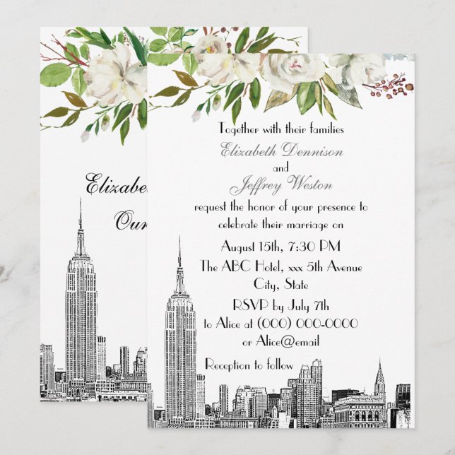 NYC Skyline ESB White Floral Watercolor Wedding Invitation (Front/Back)