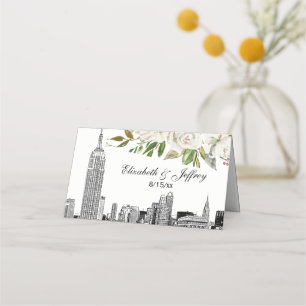 NYC Skyline ESB White Floral Watercolor Wedding Place Card